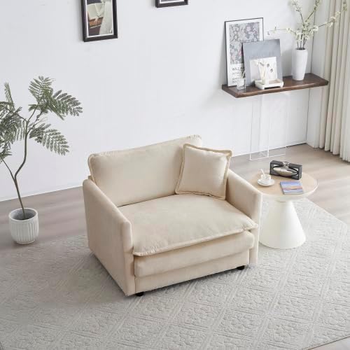 Aoowow Single Deep Seat Sofa Comfy Chenille Couch,Modern Upholstered Accent Armchair with Pillow for Living Room Bedroom Apartment(Light Coffee)