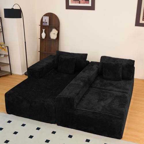 112.99" Boneless Cloud Couch, L Shaped Sectional Sofa with Chaise, No Assembly Required, Sink-in Corduroy Fabric & Memory Foam, Plush Modular Sofa for Apartment, Lounge, Dorm (Black)