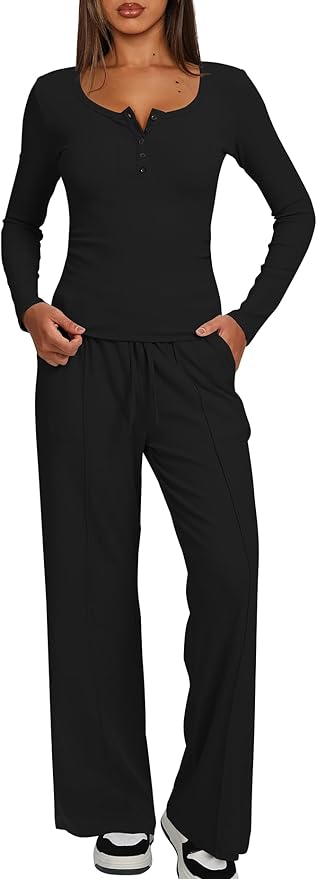 Darong Womens 2 Piece Matching Lounge Sets 2026 Long Sleeve Henley Shirts Wide Leg Pants Airport Travel Outfits