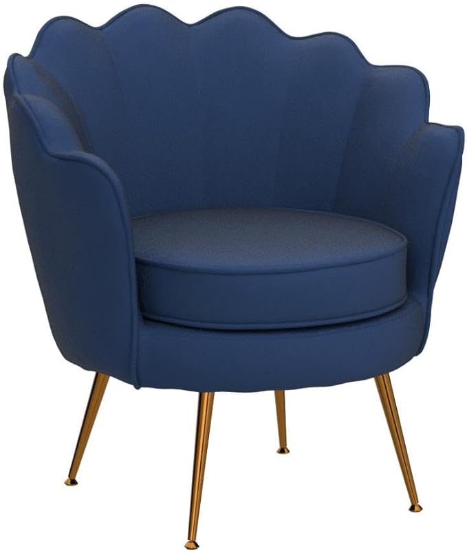 Container Furniture Direct Velvet Barrel Accent Chair with Scalloped Silhouette and Gold Metal Legs, Decorative Piece Suitable for Traditional, Modern, and Contemporary Spaces, Navy Blue