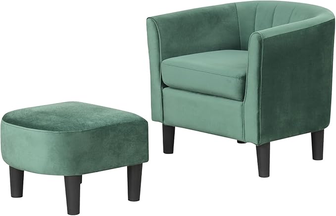 GOFLAME Accent Chair with Ottoman, Modern Velvet Fabric Barrel Chair with Footrest, Curved Backrest, Removable Seat Cushion, Upholstered Club Tub Sofa, Reading Armchair for Living Room, Bedroom, Green