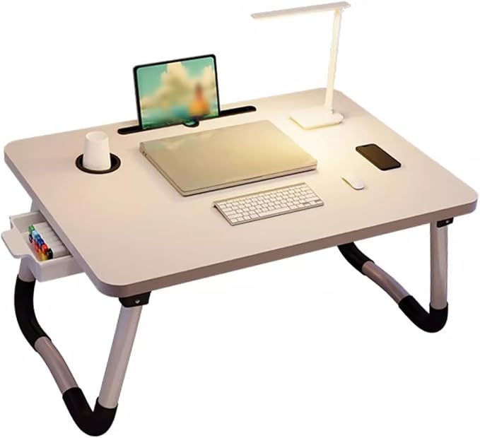 Respicefinem Laptop Bed Desk Foldable Portable Bed Table Tray Stand with Cup Holder Drawer for Reading Writing Eating On Sofa Floor White