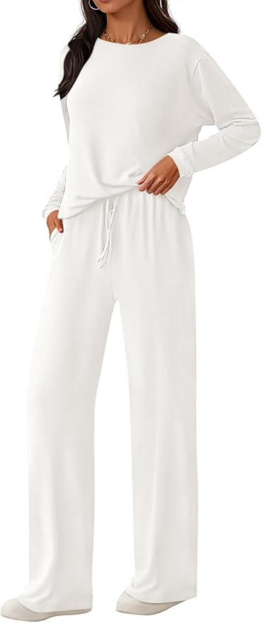 PRETTYGARDEN Womens 2 Pieces Lounge Sets Crewneck Long Sleeve Wide Leg Drawstring Pants Tracksuits Loose Fit Outfits Set