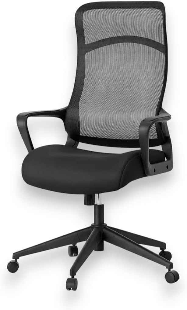 Ergonomic Mesh Office Chair – Black Adjustable Desk Chair with Upholstered Seat, Breathable Back, Fixed Armrests & 5-Wheel Rolling Base for Home Office or Study