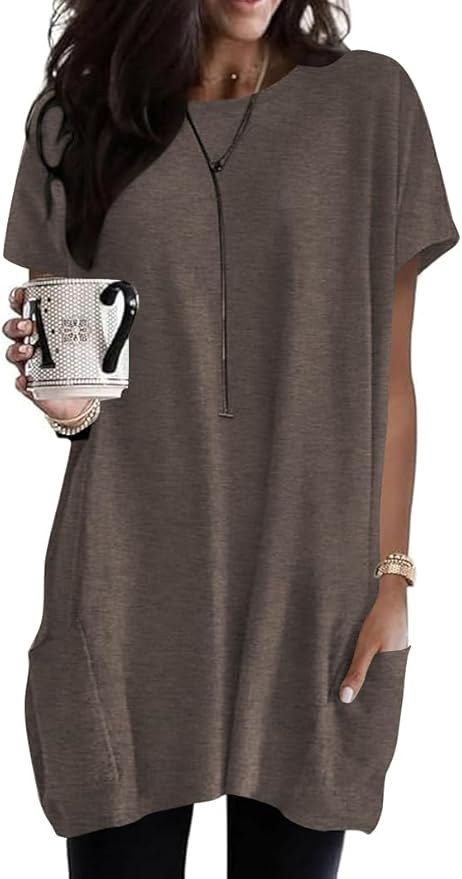 Poetsky Summer Womens Tunic Tops for Leggings with Pockets Short Sleeve Casual Long T Shirts S-3XL