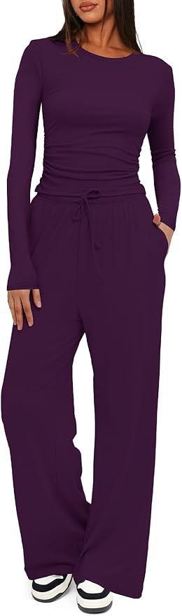 Darong Women's 2 Piece Outfits Lounge Sets 2026 Long Sleeve Tops Wide Leg Pants Casual Matching Set