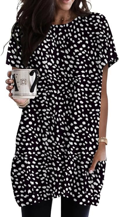Poetsky Summer Womens Tunic Tops for Leggings with Pockets Short Sleeve Casual Long T Shirts S-3XL