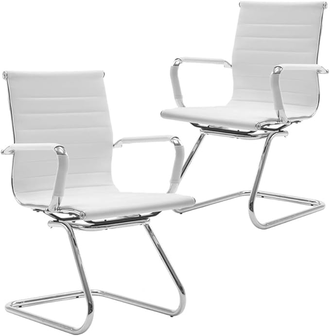 DM Furniture Reception Chairs Leather Conference Chairs No Wheels Back Support Heavy Duty Office Guest Chair, Set of 2 (White)