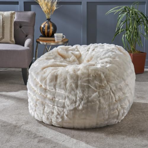 3 Foot Faux Fur Bean Bag Chair, Large White Bean Bag for Adults & Kids, 300 lb Capacity Plush Lounger for Living Room, Bedroom, Game Room, Removable Cover