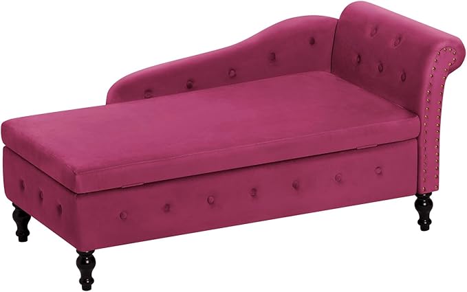 ACMEASE Upholstered Chaise Lounge with Right Armrest & Lumbar Pillow,Button Tufted Lounge Sofa with Storage,Lounge Chair Indoor,Modern Velvet Lounge Chair for Bedroom, Living Room and Office,Fuchsia
