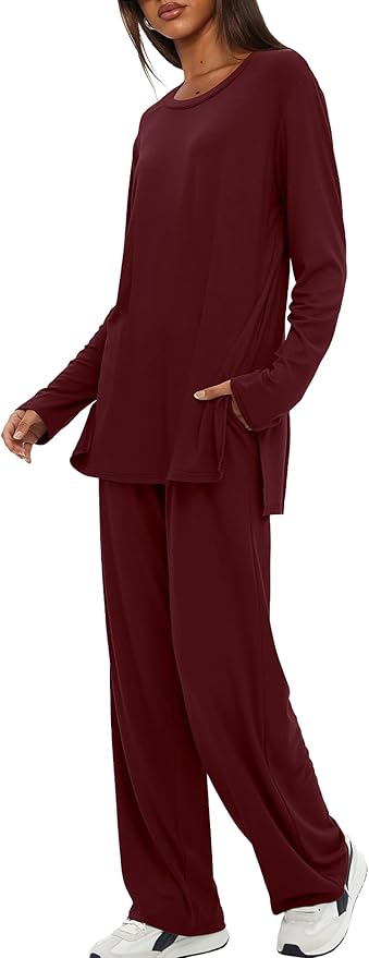 Darong Women's 2 Piece Lounge Set Casual Long Sleeve Crew Neck Tops Wide Leg Pants Travel Airport Outfit Matching Sets