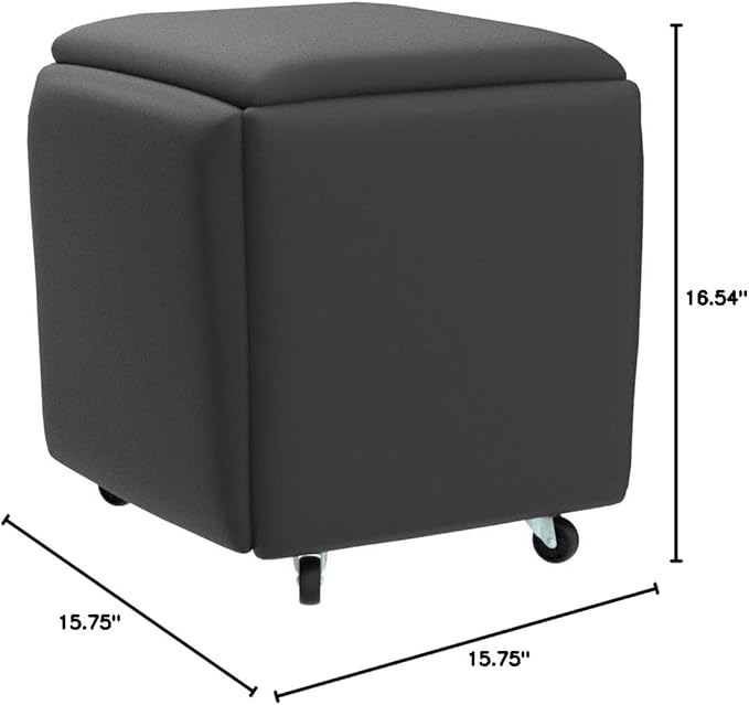 5 in 1 Nesting Ottoman Cube Chair, Stackable Stools, Leather Square Ottoman Bench, Foot Stool with Wheels for Living Room,Dining Room 15.75x15.75x16.54 inches