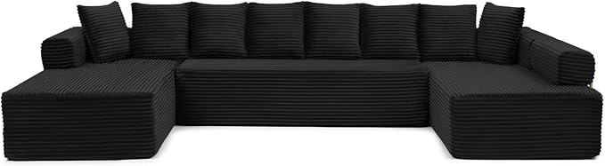 145" Oversized Cloud Boneless Sectional Sofa with Chaise, Corduroy U Shaped Modular Couch with Deep Seat, Fixed Frame Comfy Corner Sofa, No Assembly Required (Black)