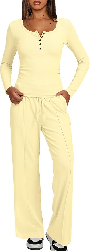 Darong Womens 2 Piece Matching Lounge Sets 2026 Long Sleeve Henley Shirts Wide Leg Pants Airport Travel Outfits