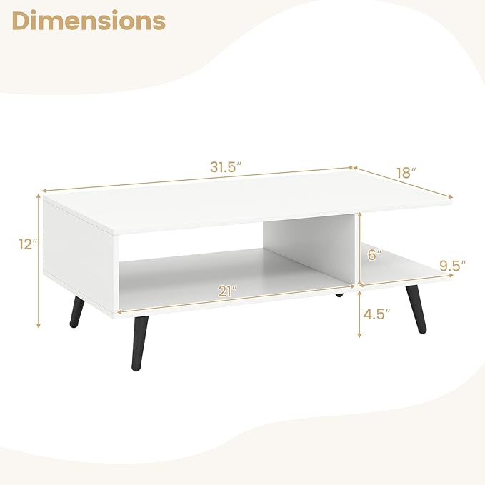 Giantex Coffee Table with Storage, Mid Century Modern Center Table for Living Room, Rectangle Tea Table with Open Storage Shelf & Floor-Anti-Scratching Tapered Metal Legs, Rustic Brown (White)