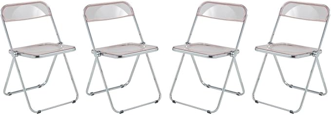 LeisureMod Lawrence Modern Clear Acrylic Folding Chair with Metal Frame, Space-Saving Transparent Seating for Dining Room, Home Office, Bedroom, Vanity or Small Spaces, (Rose Pink, Set of 4)