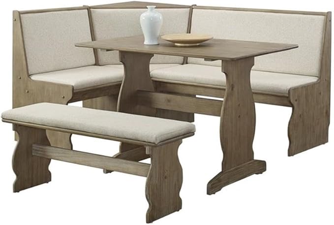 Riverbay Furniture Patio Conversation Indoor 3 Piece Kitchen Breakfast Corner Table Booth Bench Natural Fabric Upholstered Dining Nook Set in Brown