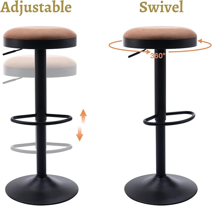 EALSON Modern Swivel Bar Stools Set of 4 Adjustable Counter Height Backless Barstools with Metal Base Leather Upholstered Round Bar Stool Chairs for Kitchen Island/Pub/Breakfast Bar, Brown