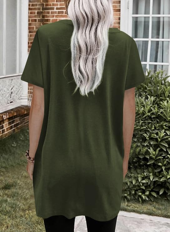 Poetsky Summer Womens Tunic Tops for Leggings with Pockets Short Sleeve Casual Long T Shirts S-3XL