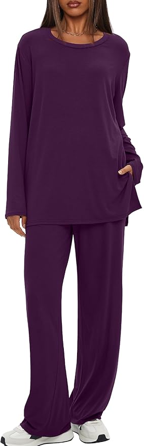 Darong Women's 2 Piece Lounge Set Casual Long Sleeve Crew Neck Tops Wide Leg Pants Travel Airport Outfit Matching Sets