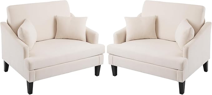 Bezseller Oversized Accent Chairs Set of 2, 33.5'' Wide Seat Comfy Armchair with 2 Pillows, Upholstered Big Reading Chair, Modern Single Sofa Chair for Living Room Bedroom Apartment Office, Beige