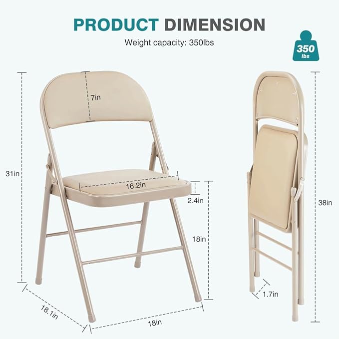 Padded Folding Chairs Set of 4, Portable Stackable Acrylic with Cushion for Outdoor Activities, Indoor Gatherings, Living Rooms and Office Meetings, Khaki