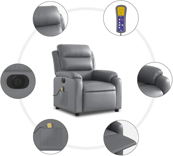 YAFF Electric Massage Recliner Chair in Grey Faux Leather, USB-Powered, Memory Foam Cushion, for Indoor Use, Relaxation in Living Room, Comfortable Seating for One