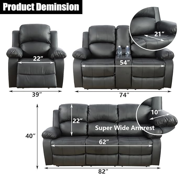 Manual Reclining Sofa Set with Drop-Down Table, Corduroy Sofa Sets, Living Room Furniture Sets, Modern Manual Recliner Sofa Sets with Storage Console for Living Room (Black, Sofa+Loveseat+Chair)