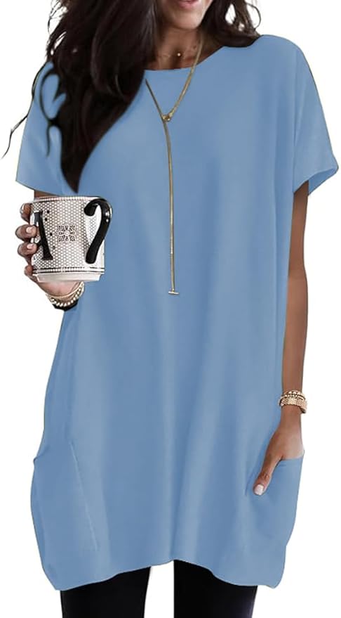 Poetsky Summer Womens Tunic Tops for Leggings with Pockets Short Sleeve Casual Long T Shirts S-3XL