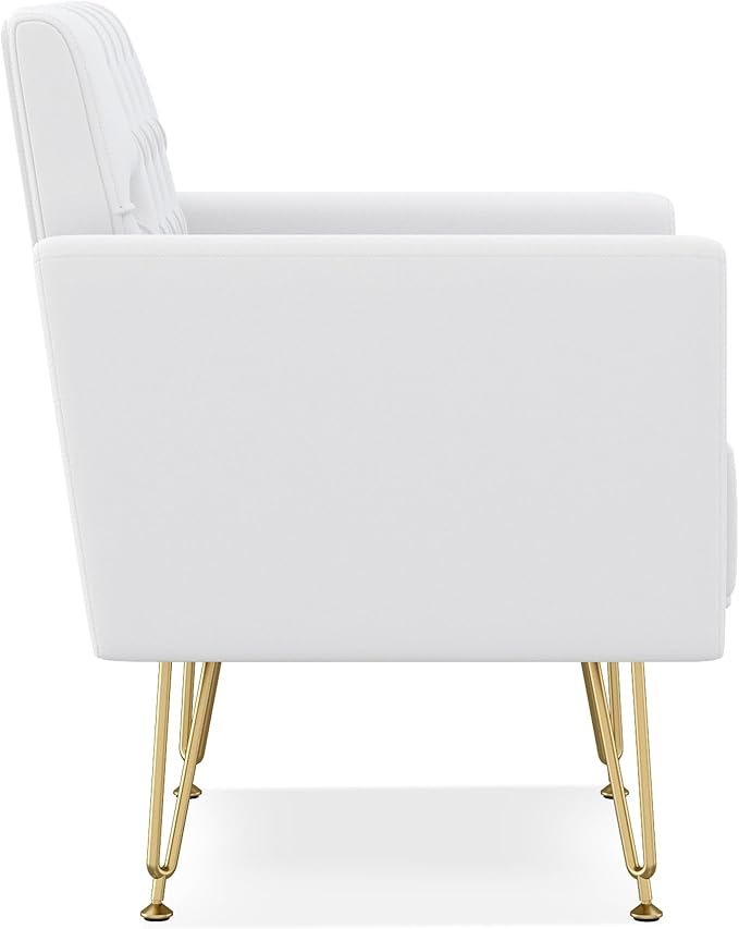 Accent Chair for Living Room, Comfy Oversized Velvet Upholstered Arm Chairs, Mid Century Modern Reading Single Sofa Side Chair with Tufted Back and Gold Legs for Bedroom (2, Pure White)
