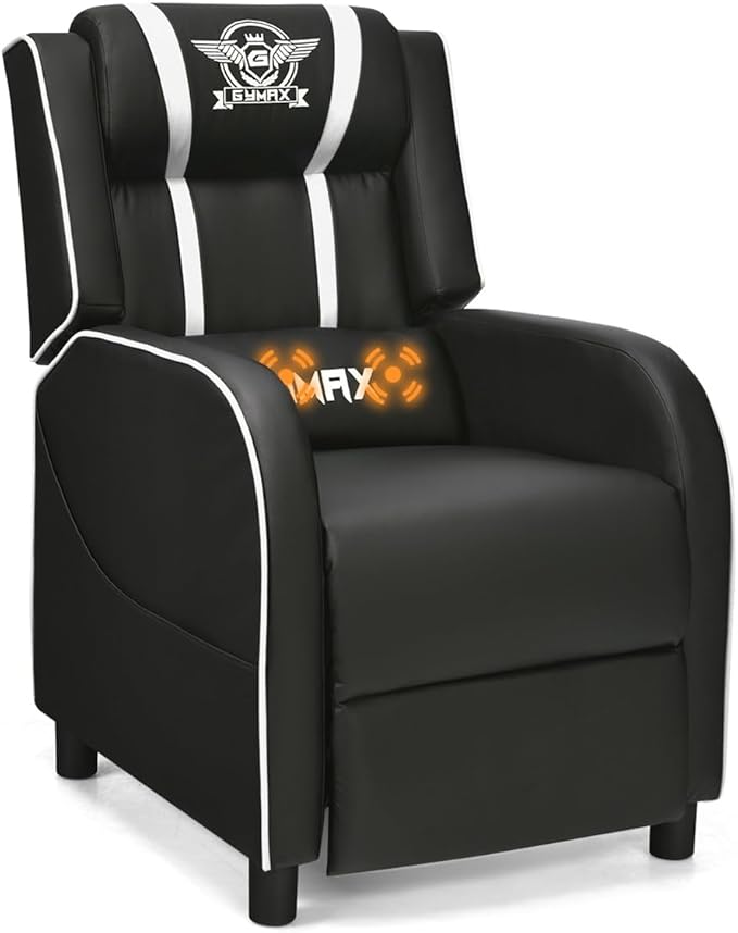 GYMAX Gaming Recliner, Massage Gaming Chair w/Adjustable Footrest, Remote Control & Side Pocket, Ergonomic Game Lounge Chair, Racing Style Single Theater Seat Game Sofa for Adults (White)
