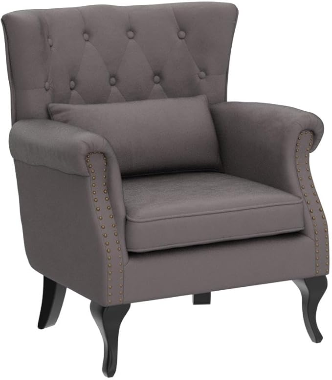 LZAREAL Accent Reading Arm Chairs for Living Room Bedroom, Midcentury Modern Comfy Corner Sofa Chair, Wingback Waiting Room Club Chair with Button Tufted Back &Lumbar Pillow, Velvet Grey