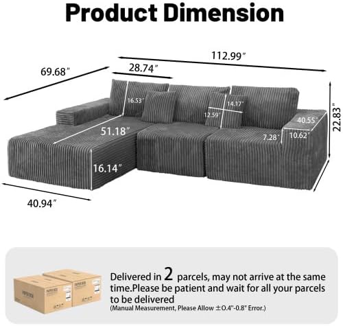 112.99" Boneless Cloud Couch, L Shaped Sectional Sofa with Chaise, No Assembly Required, Sink-in Corduroy Fabric & Memory Foam, Plush Modular Sofa for Apartment, Lounge, Dorm (Grey)