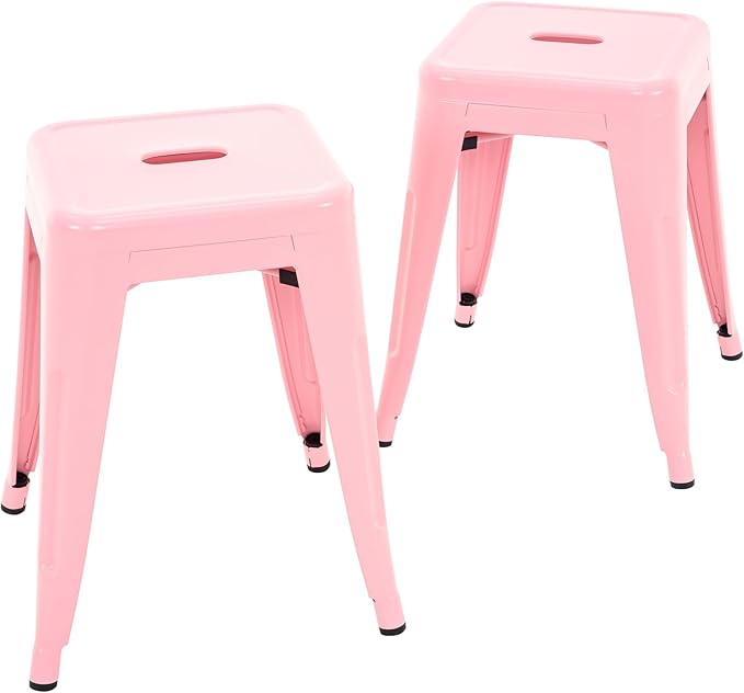 Brage Living 18 Inch Industrial Metal Stools Set of 2, Stackable Classroom Stools, Backless Metal Dining Chairs for Indoor Outdoor, Kitchen Short Stools (Pink)