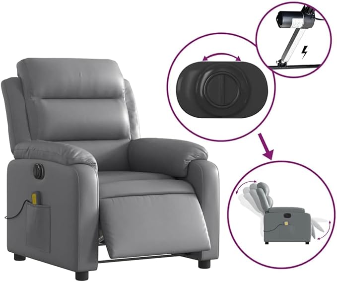 YAFF Electric Massage Recliner Chair in Grey Faux Leather, USB-Powered, Memory Foam Cushion, for Indoor Use, Relaxation in Living Room, Comfortable Seating for One