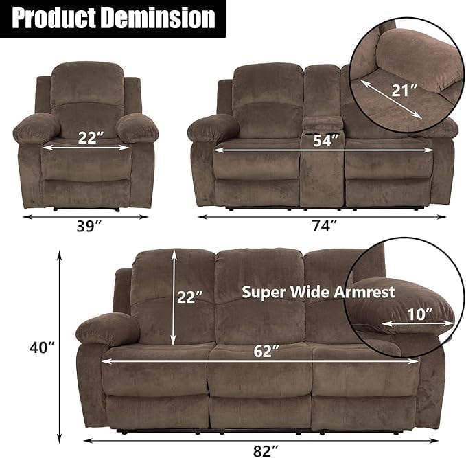Manual Reclining Sofa Set with Drop-Down Table, Corduroy Sofa Sets, Living Room Furniture Sets, Modern Manual Recliner Sofa Sets with Storage Console for Living Room (Brown, Sofa+Loveseat+Chair)