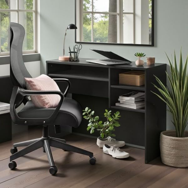 Ergonomic Mesh Office Chair – Black Adjustable Desk Chair with Upholstered Seat, Breathable Back, Fixed Armrests & 5-Wheel Rolling Base for Home Office or Study