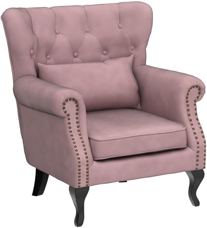 Janoray Mid Century Modern Accent Chair Upholstered Armchair Comfy Velvet Fabric Single Sofa with Tufted Wingback for Small Spaces Bedroom Living Room, Pink