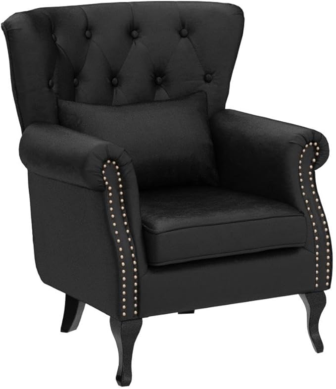 Janoray Mid Century Modern Accent Chair Upholstered Armchair Comfy Velvet Fabric Single Sofa with Tufted Wingback for Small Spaces Bedroom Living Room, Black