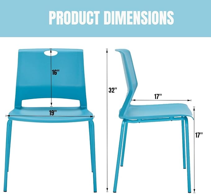 Stackable Chairs Set of 4, Office Waiting Room Chair Plastic Seat, Blue Stacking Chairs with Sturdy Metal Legs, Guest Chair for Conference Rooms, Churches, Living Rooms, Classrooms(Blue).