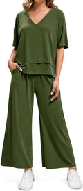 Tankaneo Womens 2 Piece Sets Casual Tracksuits Short Sleeve Tops Wide Leg Pants Outfits Lounge Sets