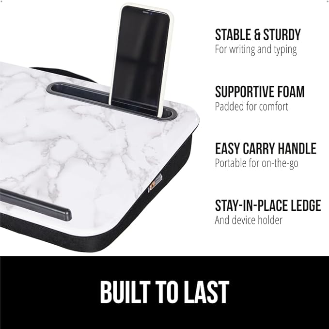 GORILLA GRIP Laptop Lap Desk with Phone Holder, Pillow Cushion Desks Fit Laptops up to 15.6", Gifts for Home, Portable Travel Workstation, Tray Ledge Keep Computers in Place, Marble Pattern