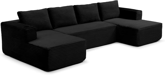 132" Modular Sectional Sleeper Sofa, Boneless Cloud Couch for Living Room, U Shaped 5 Seat Sofa with 2 Cup Holders, Free Combination, No Assembly Required (Black)