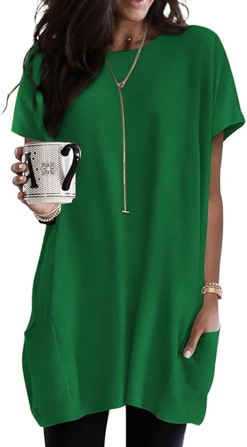 Poetsky Summer Womens Tunic Tops for Leggings with Pockets Short Sleeve Casual Long T Shirts S-3XL