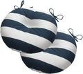 Magpie Fabrics Outdoor Round Bistro Seat Cushions with Ties, 15"x15"x4" Set of 2, Tufted Waterproof Barstool Chair Pads for Patio Home Garden Office, Navy White