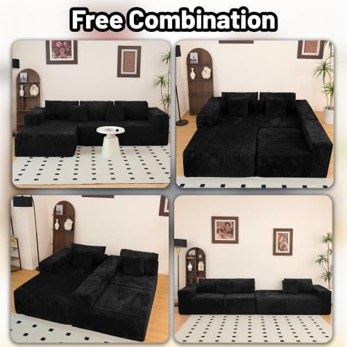 112.99" Boneless Cloud Couch, L Shaped Sectional Sofa with Chaise, No Assembly Required, Sink-in Corduroy Fabric & Memory Foam, Plush Modular Sofa for Apartment, Lounge, Dorm (Black)