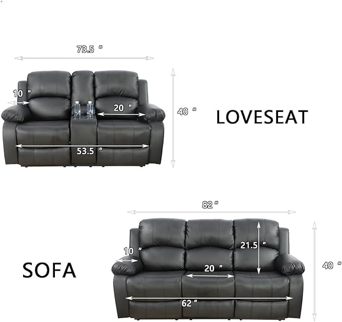 AYCP Bonded Leather Living Room Furniture Set Reclining Sofa Set Loveseat Furniture Sets in Living Room Sofa Recliners (Sofa+Loveseat, Black)