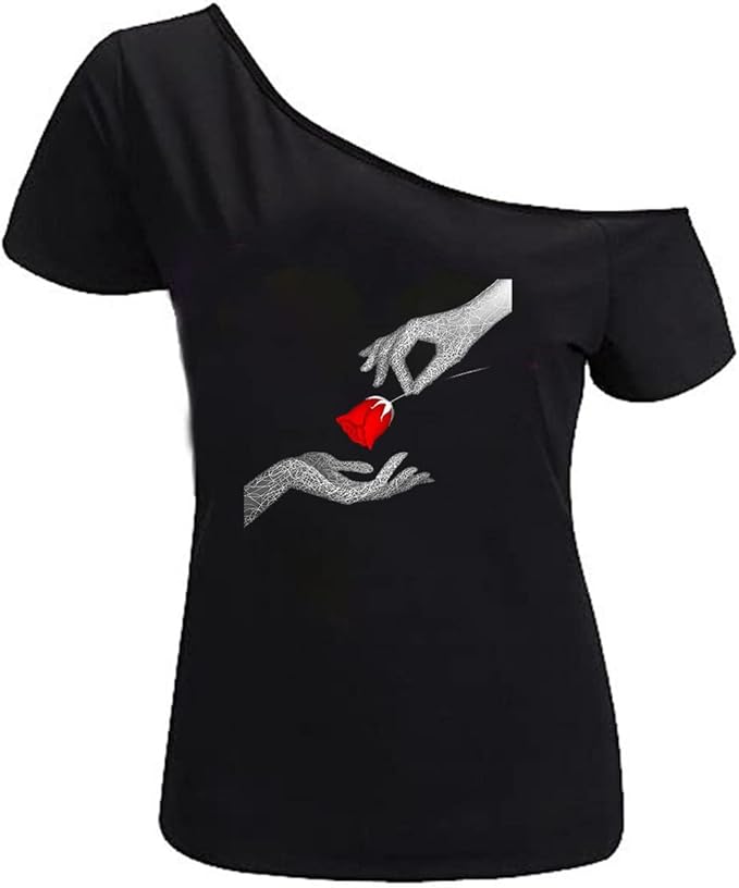 MAGICMK Women’s Short Lips Print Causal Off The Shoulder Plus Size T-Shirt Tops