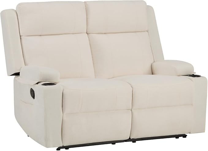 PALLOME Manual Reclining Loveseat Sofa, 2-Seater Recliner Couch with Cup Holders, Fabric Reclining Sofa for Living Room/RV (Cream)