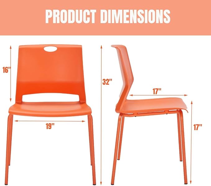 Stackable Chairs Set of 4, Office Waiting Room Chair Plastic Seat, Orange Stacking Chairs with Sturdy Metal Legs, Guest Chair for Conference Rooms, Churches, Living Rooms, Classrooms(Orange).